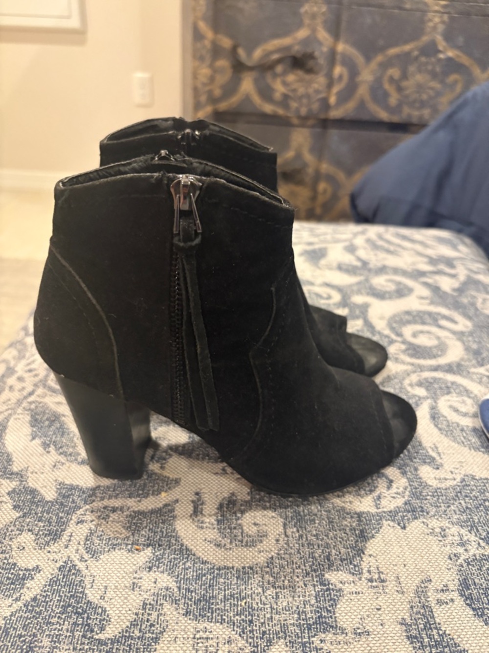 XOXO Black Suede Peep-Toe Ankle Booties with Side Tassel Zip